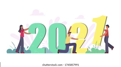 A successful business team builds its work in 2021. Business concept for 2021. Vector illustration in cartoon flat style.