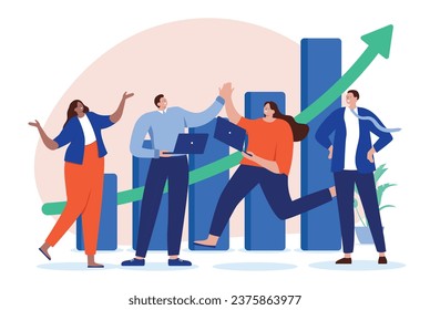 Successful business team - Businesspeople with rising graph cheering, smiling and celebrating success, growth and financial achievement. Flat design vector illustration with white background