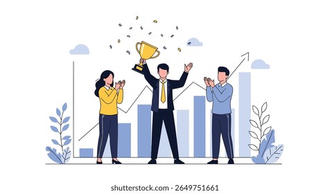 Successful business team celebrating a major achievement with a golden trophy and confetti symbolizing victory and accomplishment