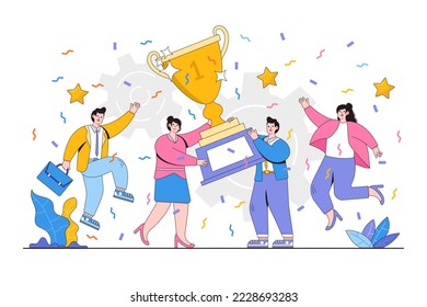 Successful business team concept. Happy business people holding prize winner cup and celebrating achievement. Modern flat style illustration for teamwork and award concept.