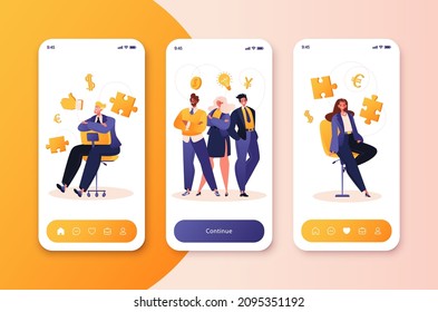 Successful business team, concept for mobile app templates. Men and women in suits invite to become part of their team. Searching for employees, inviting to work in office, become part of business.