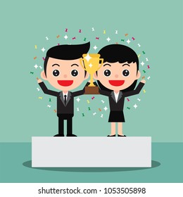 Successful Business team concept. The winner stands in the first place on the podium and celebrates their victory with a trophy. In a cute cartoon style. Vector and Illustration