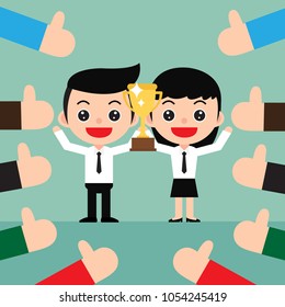 Successful Business team concept. The winner stands in the celebrates their victory with a trophy. Lots of thumbs up hands. In a cute cartoon style. Vector and Illustration