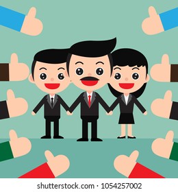 Successful Business team concept. The winner stands and lots of thumbs up hands. In a cute cartoon style. Vector and Illustration