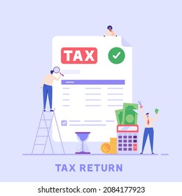 Successful business team cuts heavy taxes with scissors. Tax deduction. Concept of tax return, optimization, duty, financial accounting. Vector illustration in flat design for UI, banner, mobile app