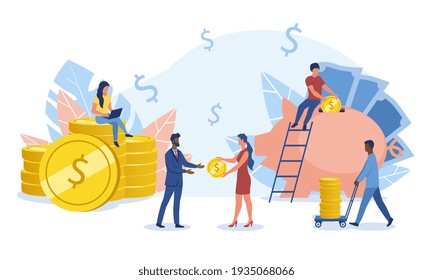 Successful business team of diverse multiracial people working with gold coins and piggy bank for investment in success and wealth concept, flat cartoon colored vector illustration. Abstract metaphor