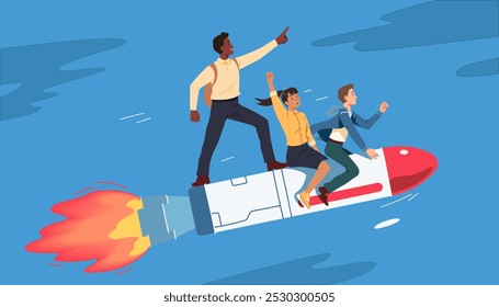 Successful business team flying on startup rocket. Happy men, woman persons achieving career success. Businessman, businesswoman growth development. Teamwork progress concept flat vector illustration
