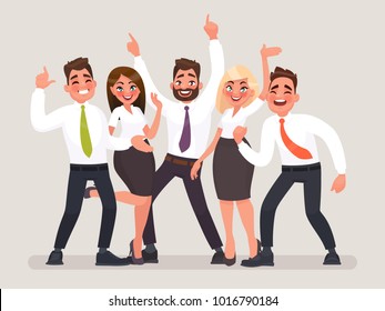 Successful Business Team. A Group Of Happy Office Workers Celebrating The Victory. People With Their Hands Up. Vector Illustration In Cartoon Style