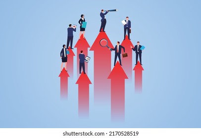 Successful business team with team group members standing on rising arrow together to plan and complete work and achieve project profitability