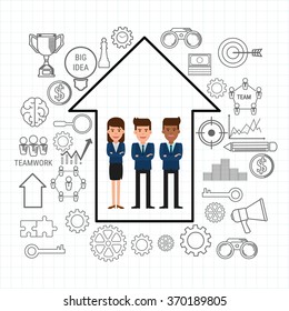 Successful business team with growth arrow and icons set. Teamwork concept. Flat design style.Cartoon Vector Illustration.