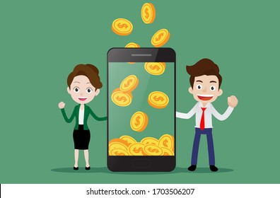 Successful business team is happy to receive the coin money on the smartphone, Use mobile phone to make money online concept, Cartoon vector illustration