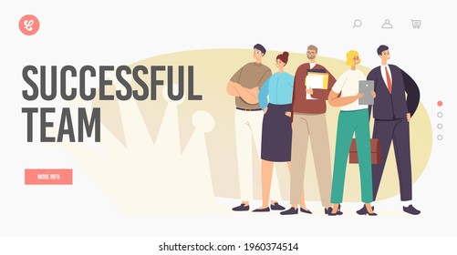 Successful Business Team Landing Page Template. Businesspeople Characters Stand in Confident Poses Holding Paper Documents with Crown Shadow on Wall, Corporate Work. Cartoon People Vector Illustration