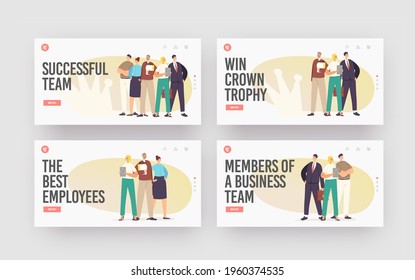 Successful Business Team Landing Page Template Set. Businesspeople Characters Stand in Confident Pose Hold Paper Documents with Crown Shadow on Wall, Corporate Work. Cartoon People Vector Illustration