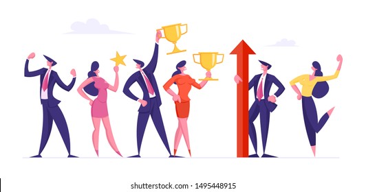 Successful Business Team Male and Female Characters in Formal Wear Stand in Raw Posing with Winners Trophies Celebrating Victory Successful Project. Teamwork Concept. Cartoon Flat Vector Illustration