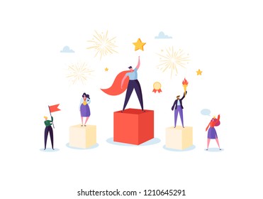 Equipo de negocios exitoso en Podium. Concepto de liderazgo en equipo. Gerente con trofeo ganador. Líder hombre y mujer celebra la victoria. Ilustración del vector