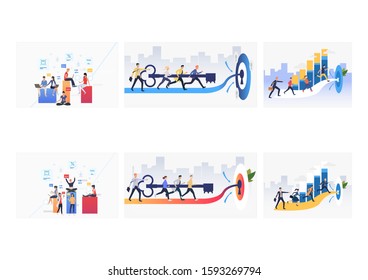 Successful business team set. Businesspeople opening lock, running to target, sitting on pedestal. Flat vector illustrations. Business, teamwork concept for banner, website design or landing web page