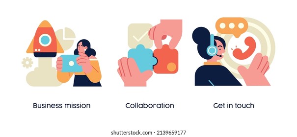 Successful business team - set of business concept illustrations. Business mission, collaboration, contacts. Visual stories collection.