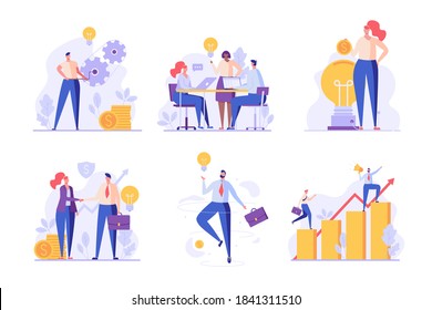 Successful business team set. Team of employees making project on time. Collection of teamwork, success career, project management, team thinking. Vector illustration in flat design for UI, web banner