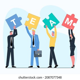 Successful business team in suits holding puzzles with letters written on them showing successful teamwork vector flat illustration