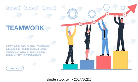 successful business team in suits together stands on a pedestal graphic and holds an arrow showing successful teamwork and business growth vector flat illustration