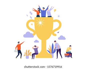 Successful business team. Winner cup and tiny people. Happy winning and angry losing teams vector illustration