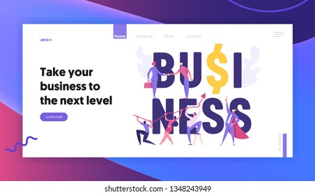 Successful Business Teamwork Cooperation Concept Landing Page. Business People Characters with Arrow, Agreement Deal and Finance Goal for Website, Web Page Template. Vector Flat Cartoon Illustration