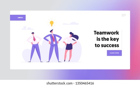 Successful Business Teamwork Cooperation Concept Landing Page. Business People Characters with Idea Bulb. Creative Innovative Banner for Website, Web Page Template. Vector Flat Cartoon Illustration