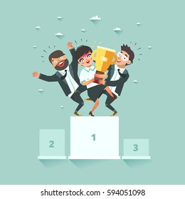 Successful business teamwork and cooperation concept. Three businessmen standing together on the winners podium with award. Vector illustration in flat style.