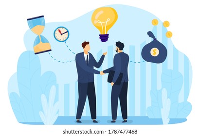 Successful business time management vector illustration. Cartoon flat businessman characters handshaking, success strategy idea symbols, clock sandglass light bulb money bag concept isolated on white