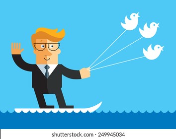 Successful business using social network technology. Flat vector illustration. Business man surfing on birds.