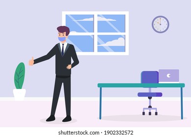 Successful business vector concept: Young businessman showing thumb up while wearing face mask in his room