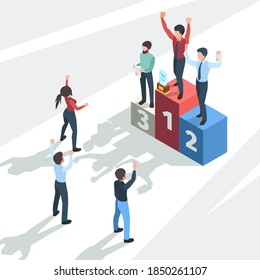 Successful business winners. Award team business company managers professional happy confident persons employees vector isometric concept