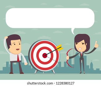 successful business woman aiming target with bow and arrow. Stock flat vector illustration.