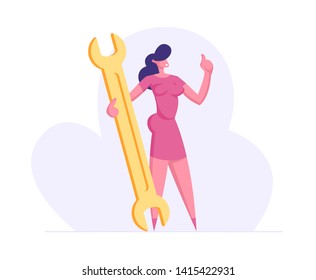 Successful Business Woman Character Holding Wrench. Girl with Spanner in Hand Thumb Up. Technical Support Service Concept. Mechanic Manager Employee. Vector flat illustration