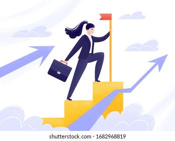 Successful business woman climbed up the career ladder. A woman in suit sets the flag. Feminists power. Vector stock flat style illustration with businesswoman in clouds isolated on white background. 