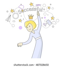 Successful business woman dancing. Things that bring good luck surround her. Favourite items in office work. Indispensable things. Paper plane star medal clock crown cloud pen mobile phone. Vector