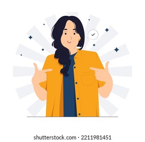 Successful business woman dressed in stylish suit with confidence pointing herself with fingers proud and happy high self esteem concept illustration