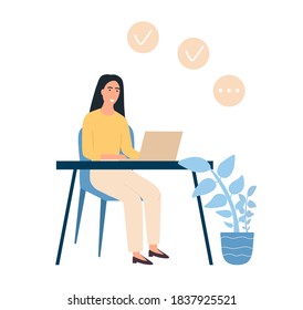 Successful business woman effectively manage their tasks. Working from home. Outsourced employee. Freelancer working on laptop. Multitasking at work. Table workplace. Flat Vector Illustration