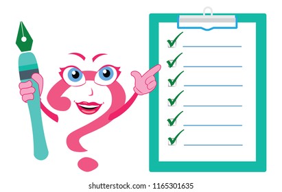Successful business woman famous presenter trainer teacher mentor funny amazing question mark cartoon character indicating pointing on a clipboard task list Tick marks right big pen in hand