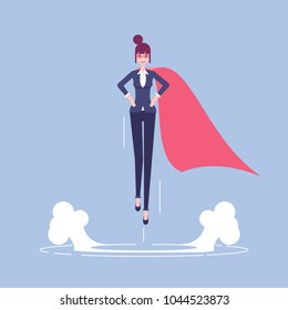 Successful business woman or female office worker in suit and red cape takes off up vector flat illustration. Business concept career growth and leadership