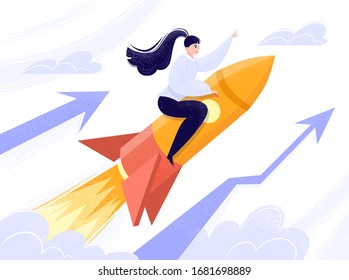 Successful business woman flies on a rocket. Feminist in a suit builds her career. Concept of career growth and business success. Graphs growing up. Vector stock flat style illustration.