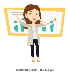 Successful business woman getting good news on mobile phone. Successful business woman talking on mobile phone. Business success concept. Vector flat design illustration isolated on white background.