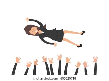 successful business woman happy and being throwing up in the air by her teamwork or colleague, celebrating with her team, vector illustration flat design style and isolated on white background