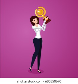 Successful Business Woman Holding Award Winner Cup. Business Leader 3d Cartoon Female Vector Character.