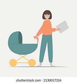 Successful business woman with little kid on work. Happy businesswoman working with newborn child. Flat cartoon vector illustration.