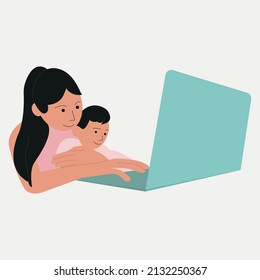 Successful business woman with little kid on work. Happy businesswoman working with newborn child. Flat cartoon vector illustration.