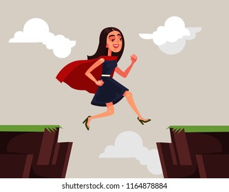 Successful business woman office worker character jumping over rock. Career business difficulties vector cartoon illustration