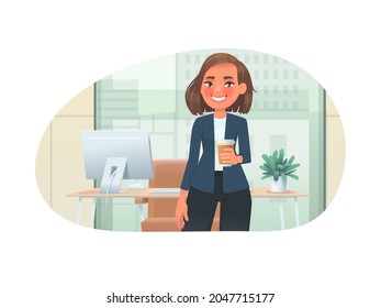 Successful business woman on the background of the interior of the office. Portrait of a happy leader girl. Vector illustration in cartoon style