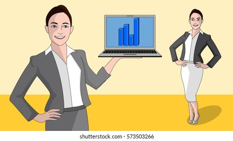 successful business woman in professional suit in two different styles and with laptop in hand for presentation and info graphics 