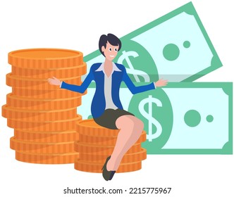Successful business woman sitting on gold coin. Character with money cash. Prosperous investor or entrepreneur. Rich businesswoman making saving, financial profit salary wealth, increasing capital